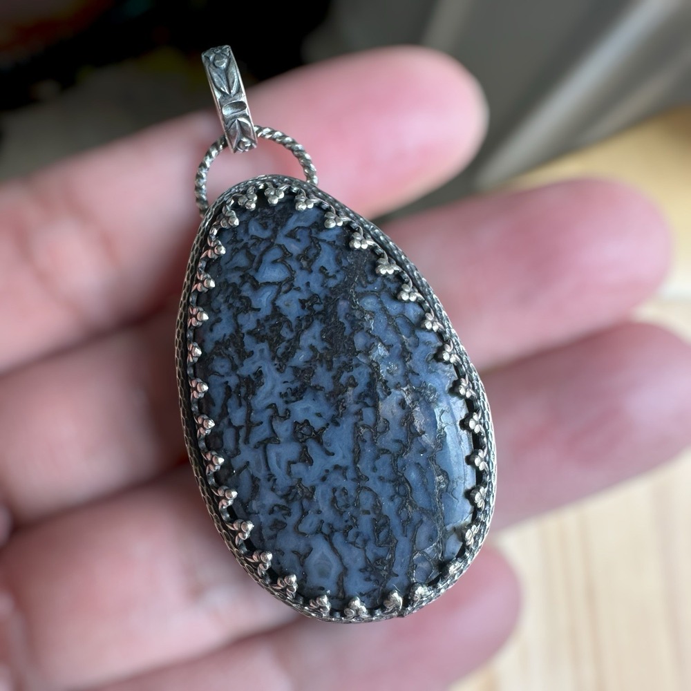 Paul‎ Rossman CSHR Pendant 2 Inch Blue Fossil Dino Bone 925 Sterling 12.0g USA